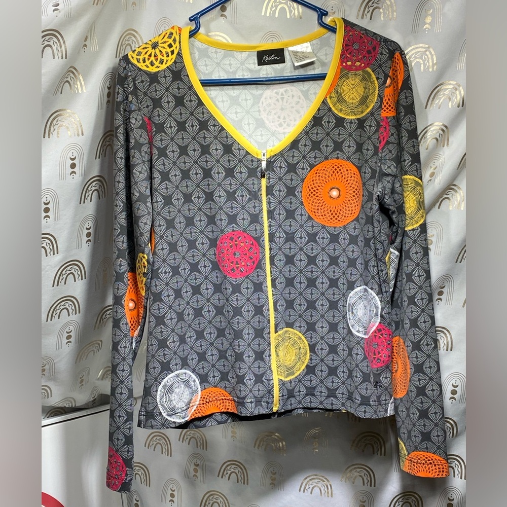 Patterned Long Sleeve Top with Yellow Trim